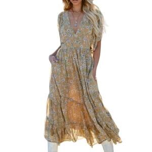 Storia Clarity Pocketed Floral Tiered Flutter Ruffle Maxi Dress Yellow NWT